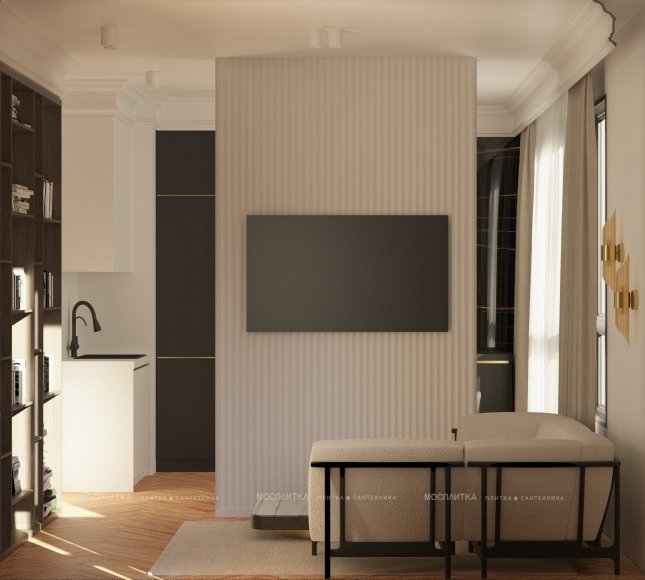 Дизайн Кухня-гостиная в стиле Неоклассика в бежевом цвете №13181 - 5 изображение