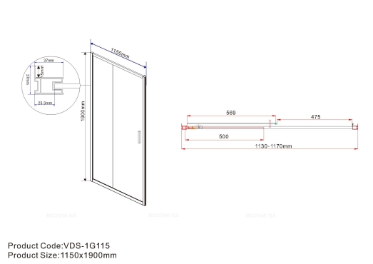 Душевая дверь Vincea Garda 115х190 VDS-1G115CLB, профиль черный, стекло прозрачное - 5 изображение
